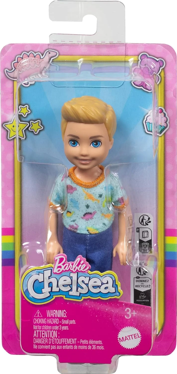 Barbie Chelsea Doll – Small Boy Doll Wearing Removable One‑Piece with Dinosaur Print & White Shoes, Blond Hair & Blue Eyes
