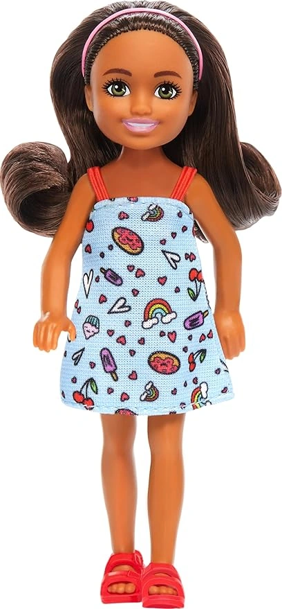 Barbie Chelsea Doll – Small Doll Wearing Removable Blue Dress with Colorful Print & Pink Shoes, Brown Hair & Green Eyes