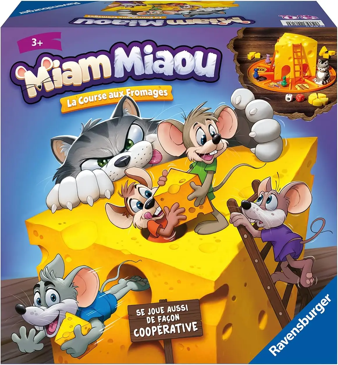 Ravensburger Miam Miaou - La Race aux fromages - First Board Game for Children - Fun evolutive Cooperative Course - 2 to 4 Players from 3 Years Old - Mixed - 20818 - French Version