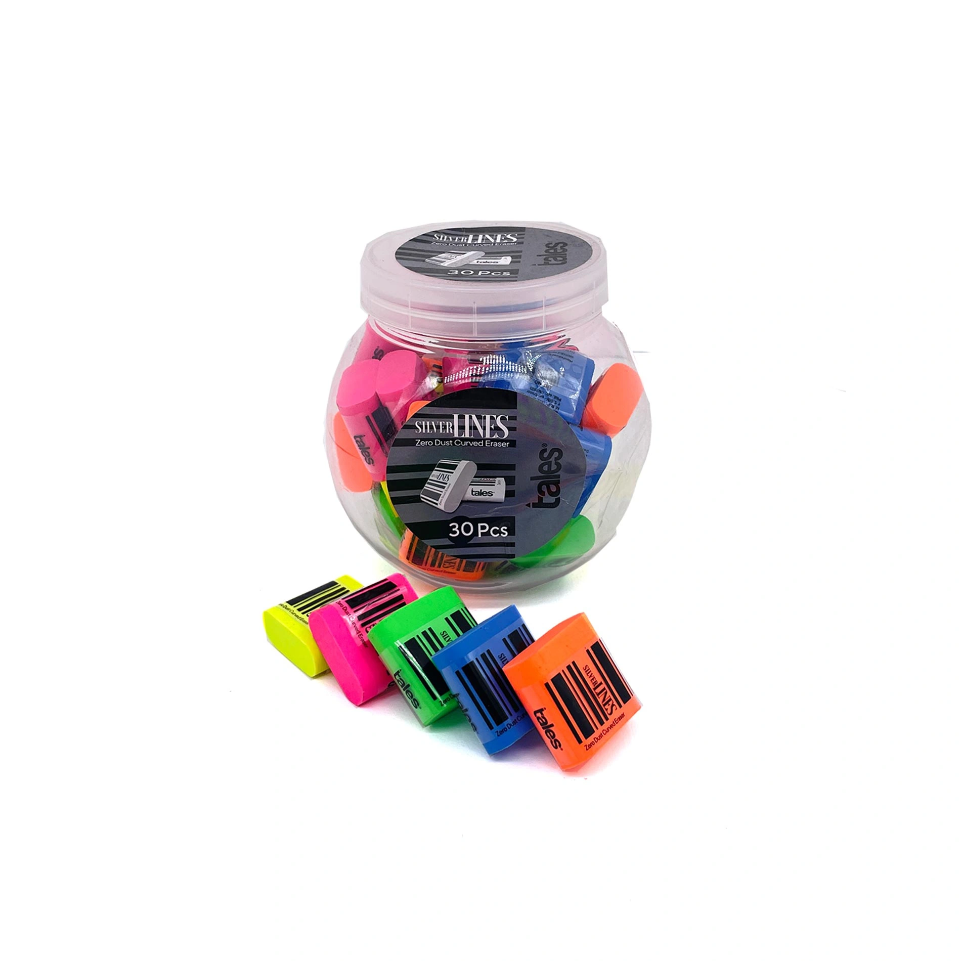 Tales Silver Lines Mix Color Eraser 30Pcs Curved			