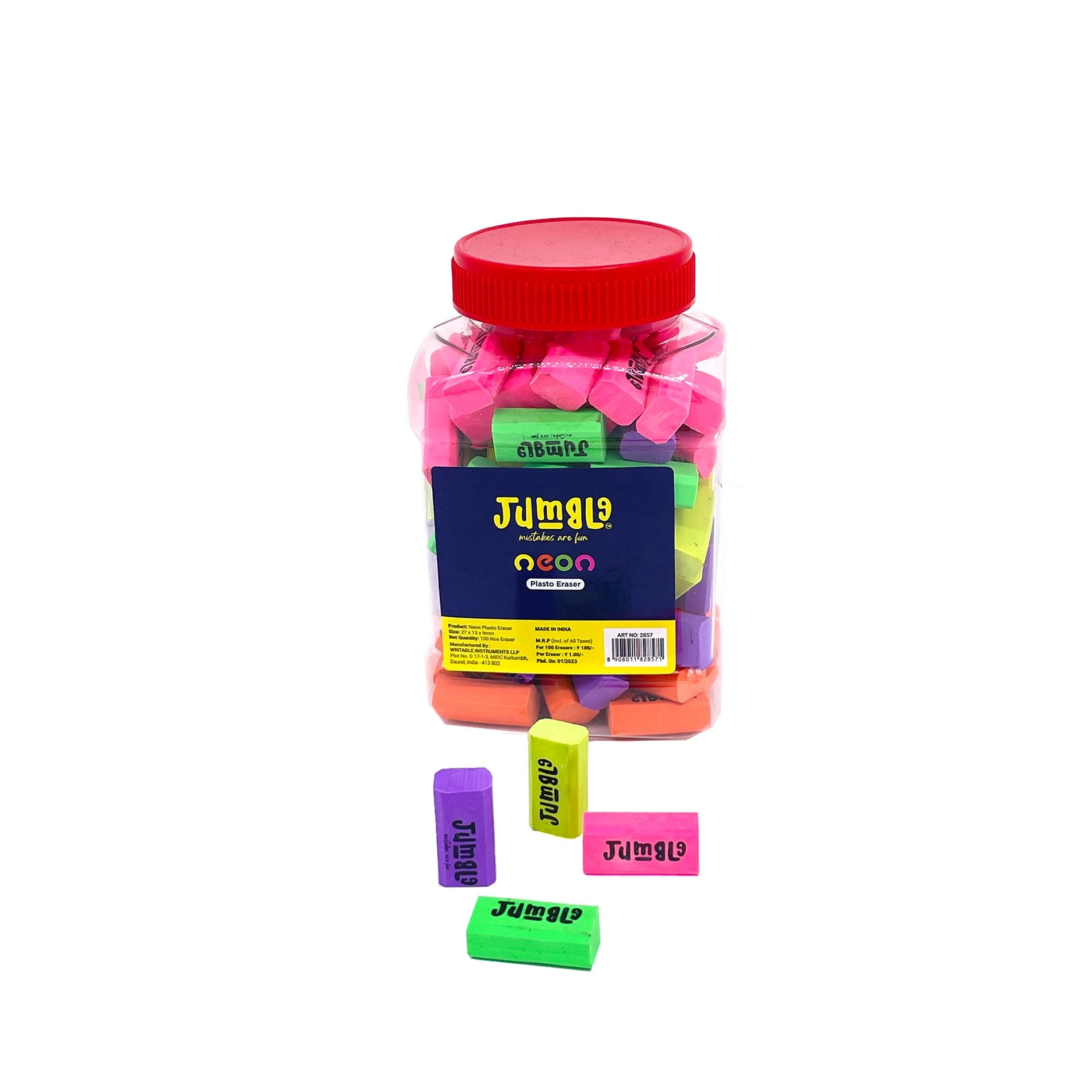 Jumble Neon Plasto Eraser 100 Pcs Jar			