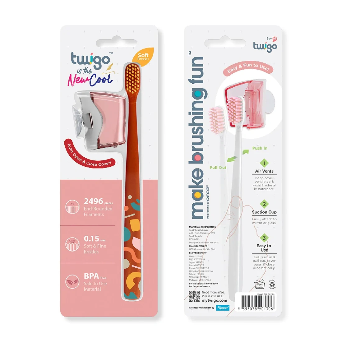 Flipper - Toothbrush Cover & Toothbrush Flp Twigo Adult Basic Combo Pack / Flora Pink