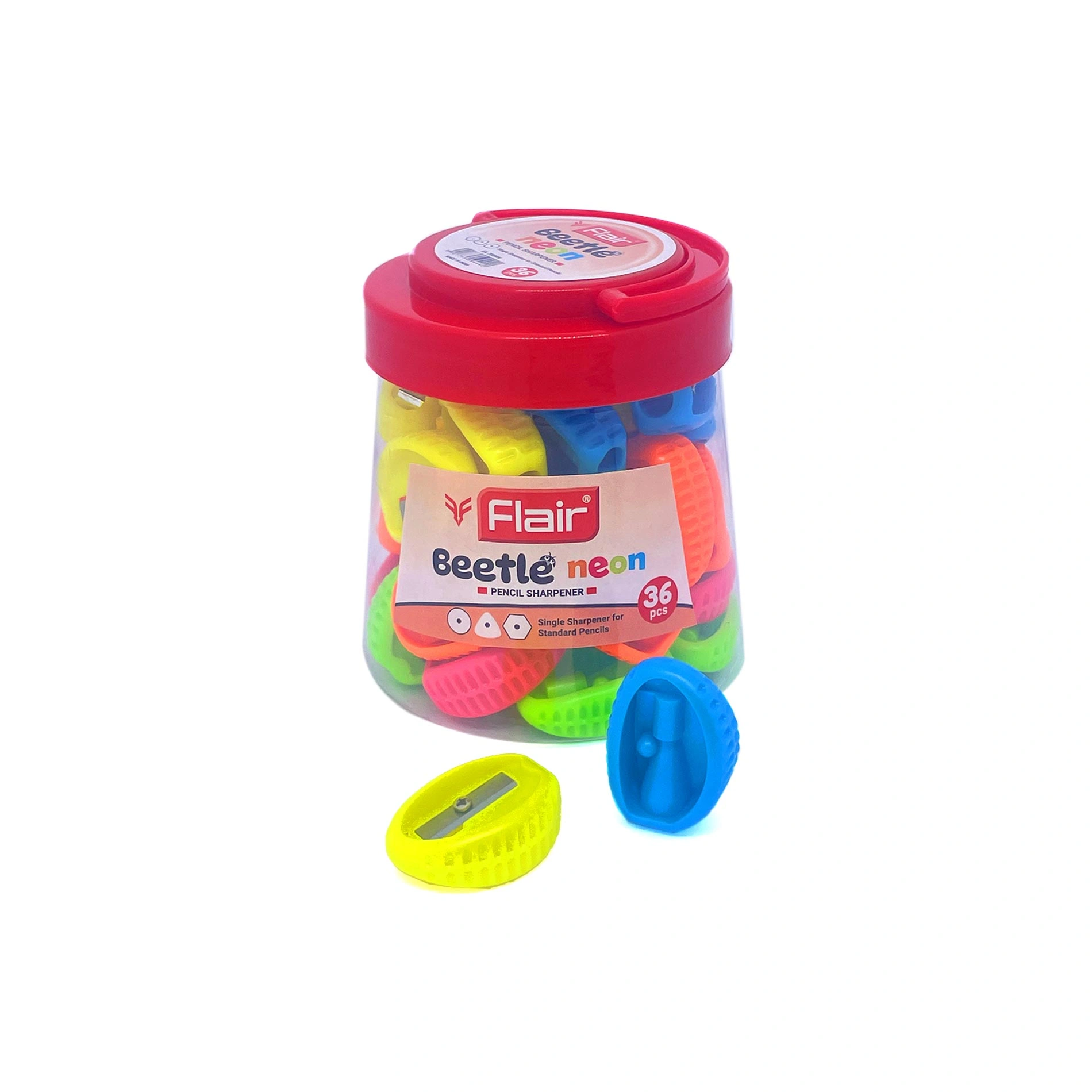 Flair Beetle Pencil Sharpener 36pcs Jar Neon Colors