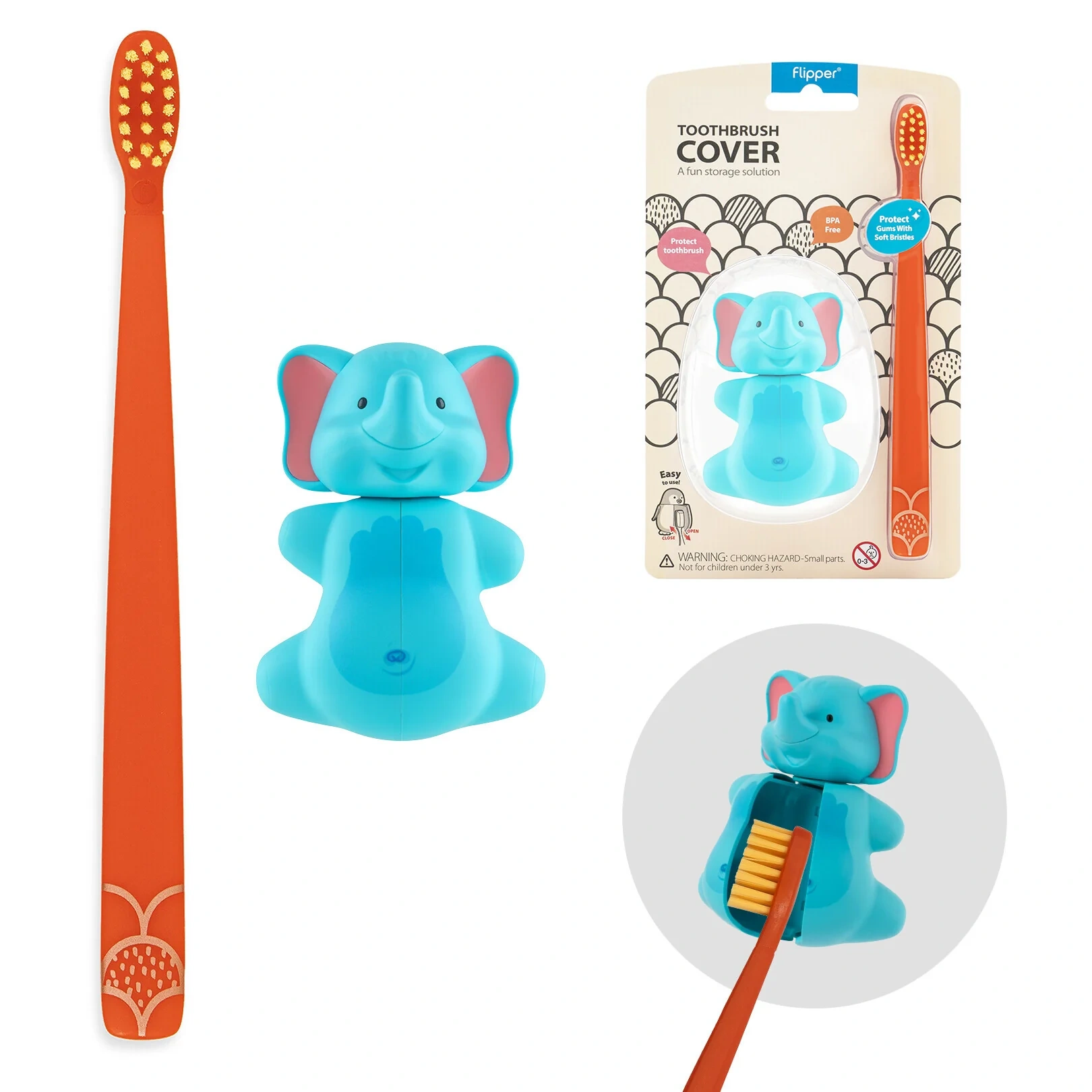 Flipper - Toothbrush Cover & Toothbrush  Flp Fun Animal Combo Pack / Elephant
