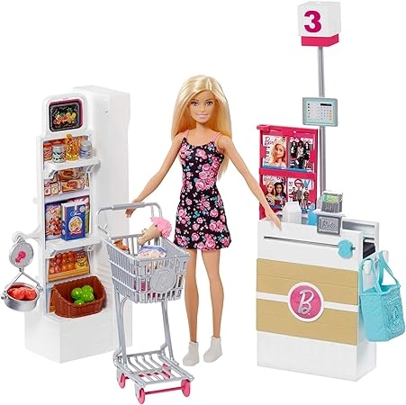 Barbie Shopping Cashier Playset with 20 Accessories and Barbie Doll – Ages 3 to 10