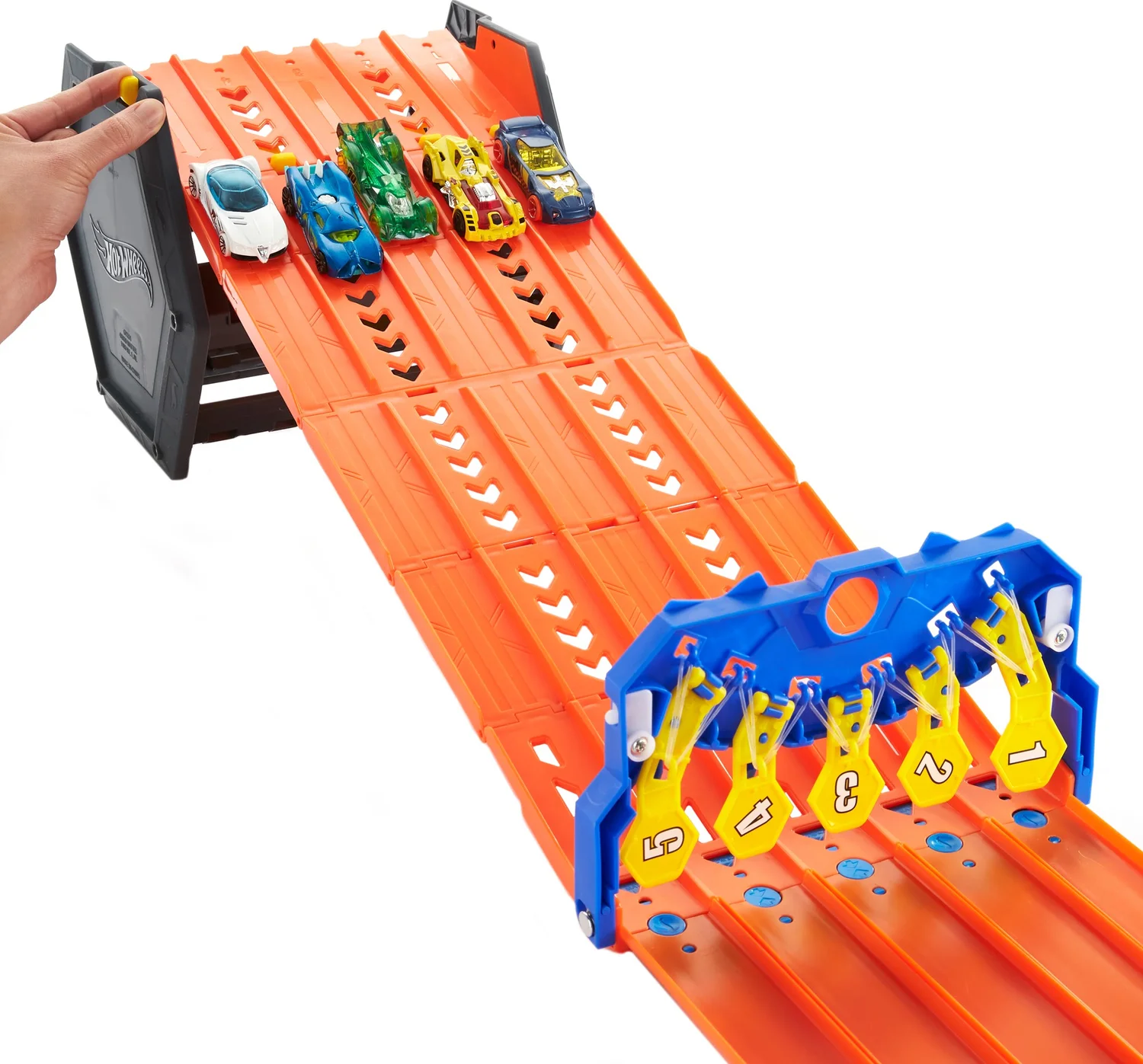 Hot Wheels® Roll Out Raceway™ Track Set, Storage Bucket Unrolls into 5-Lane Racetrack