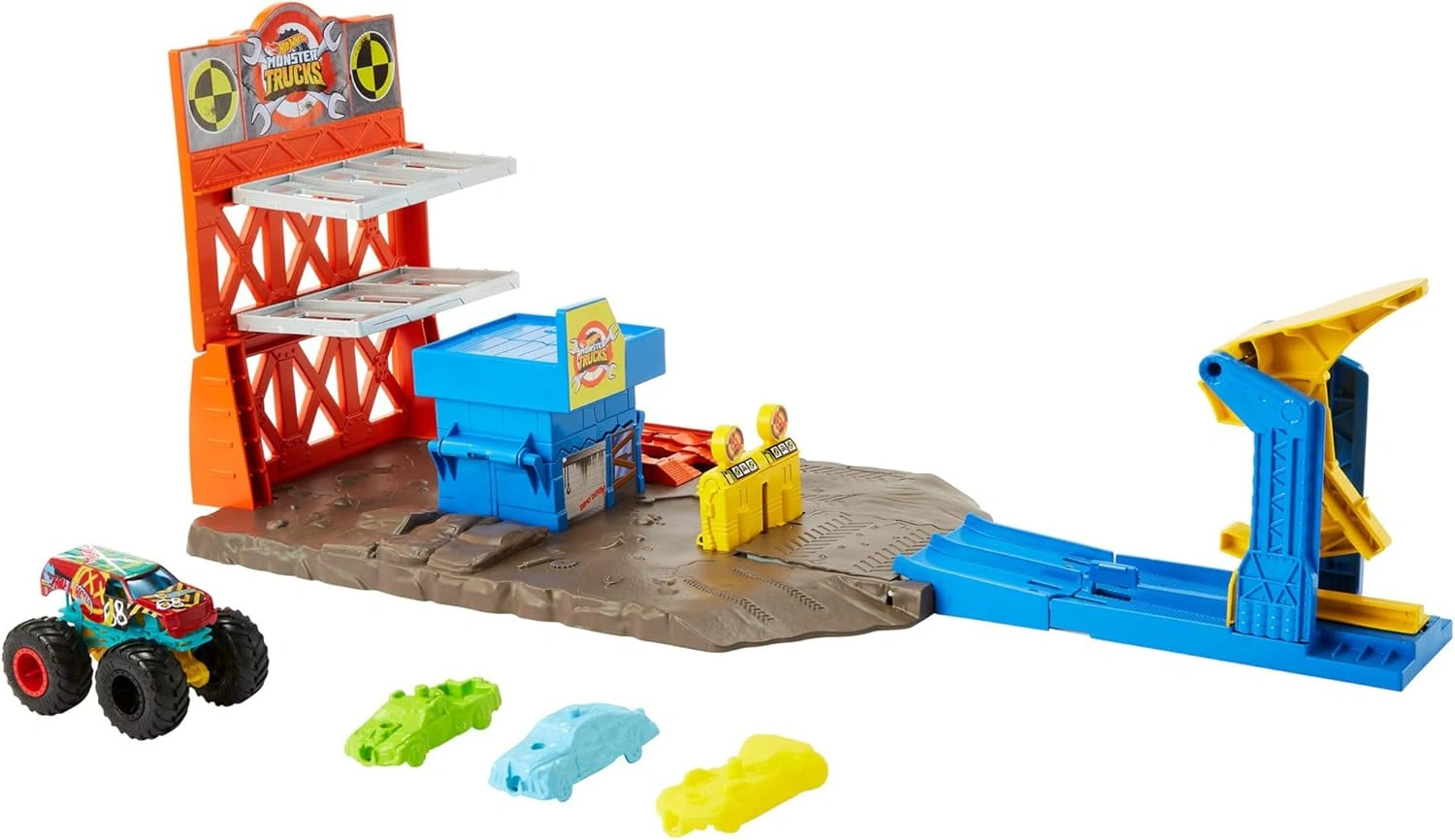 Hot Wheels Monster Trucks Blast Station Playset with Demo Derby Truck & 3 Crushable Cars – Ages 4–8