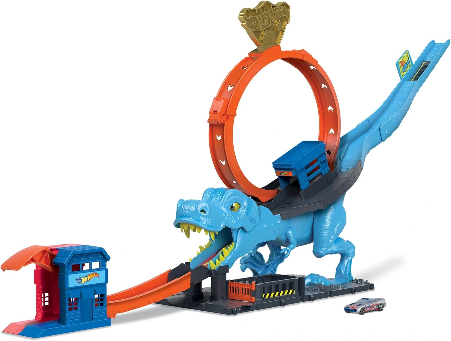 Hot Wheels City Track Set with 1 Toy Car, Race Through A Giant T-Rex Loop Stunt Playset, Ages 4+