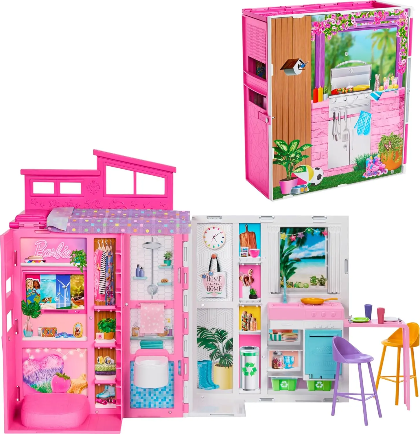 Barbie Foldable Getaway Dollhouse with 11 Accessories & 4 Play Areas – For Kids Ages 3+
