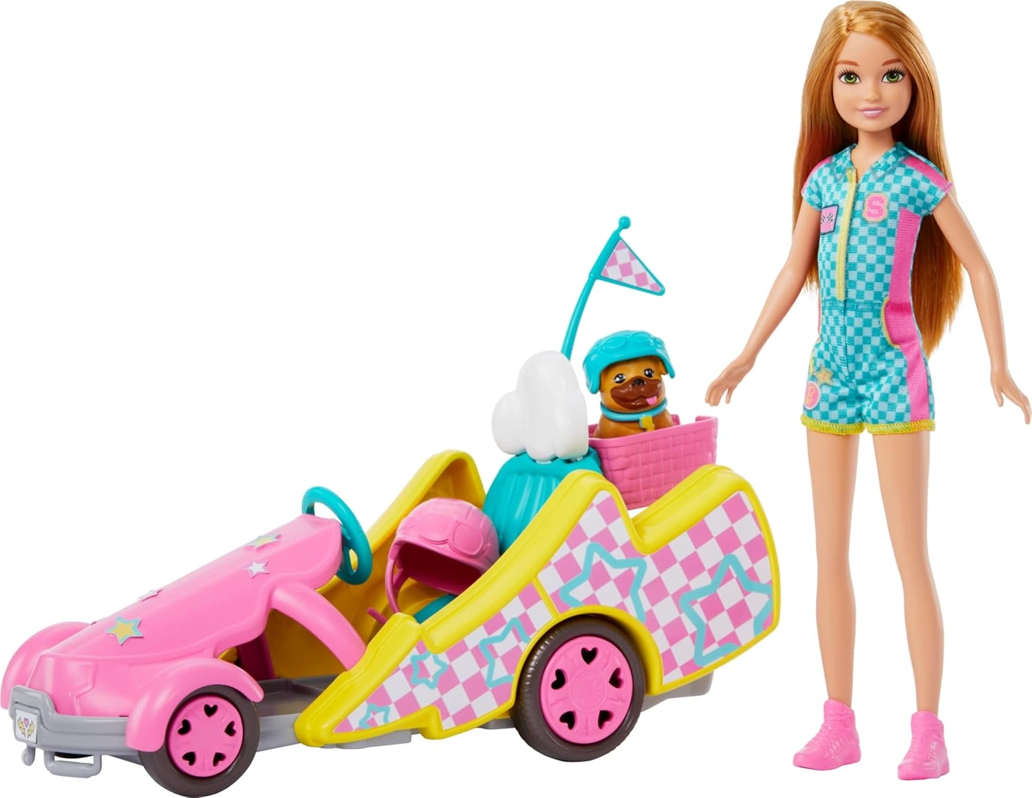 Barbie Stacie Doll with Go-Kart Car, Rolling Wheels, Dog & Accessories – 9-Piece Set for Ages 3+