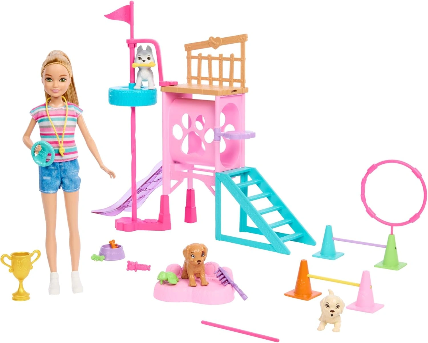 Barbie & Stacie Puppy Obstacle Course Playset with Doll, 3 Puppies & Accessories – Ages 3+