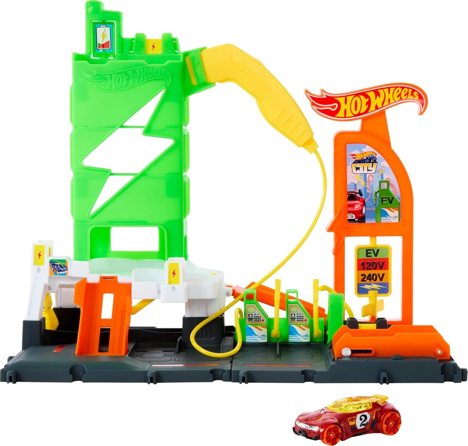 Hot Wheels City Super Recharge Fuel Station Playset with EV Chargers & 1:64 Scale Car, Ages 4+