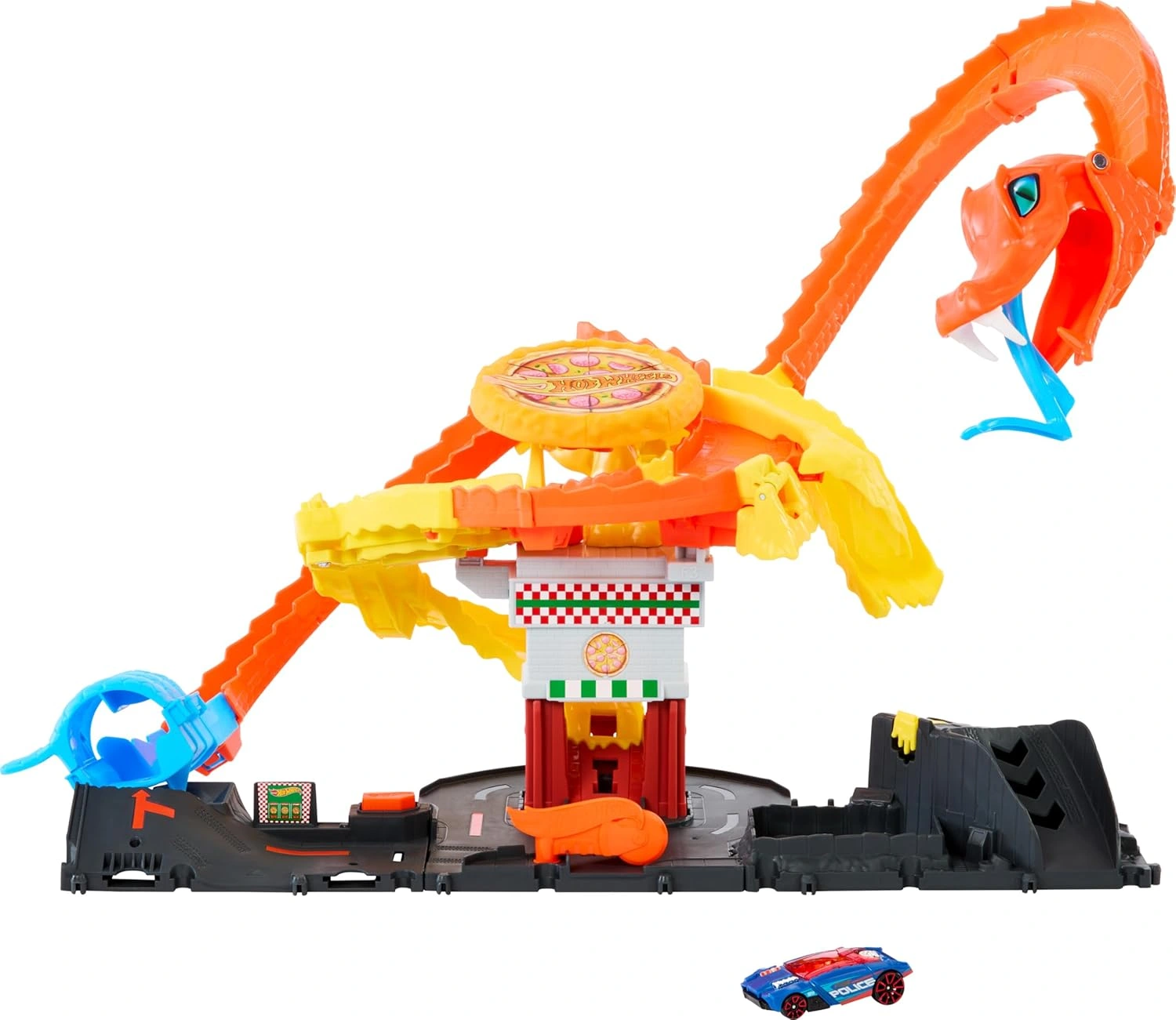 Hot Wheels City Pizza Slam Cobra Attack Track Set with Spiral Tail & Randomizer, 1:64 Scale Vehicle – Ages 3+
